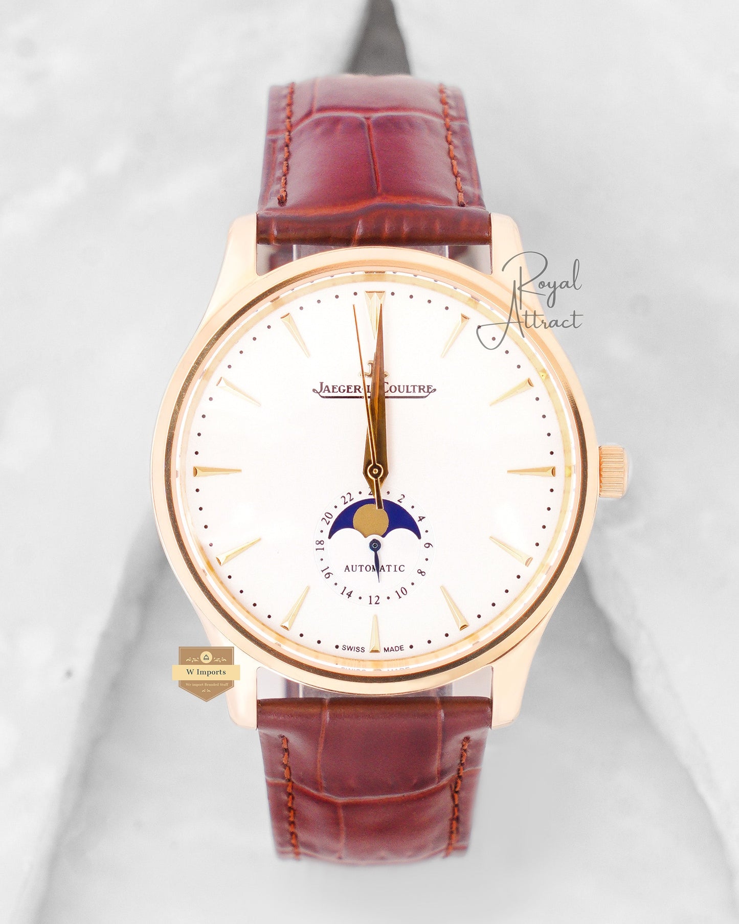 Latest Collection Moon phase Yellow Gold Case With White Dial & Brown Leather Strap