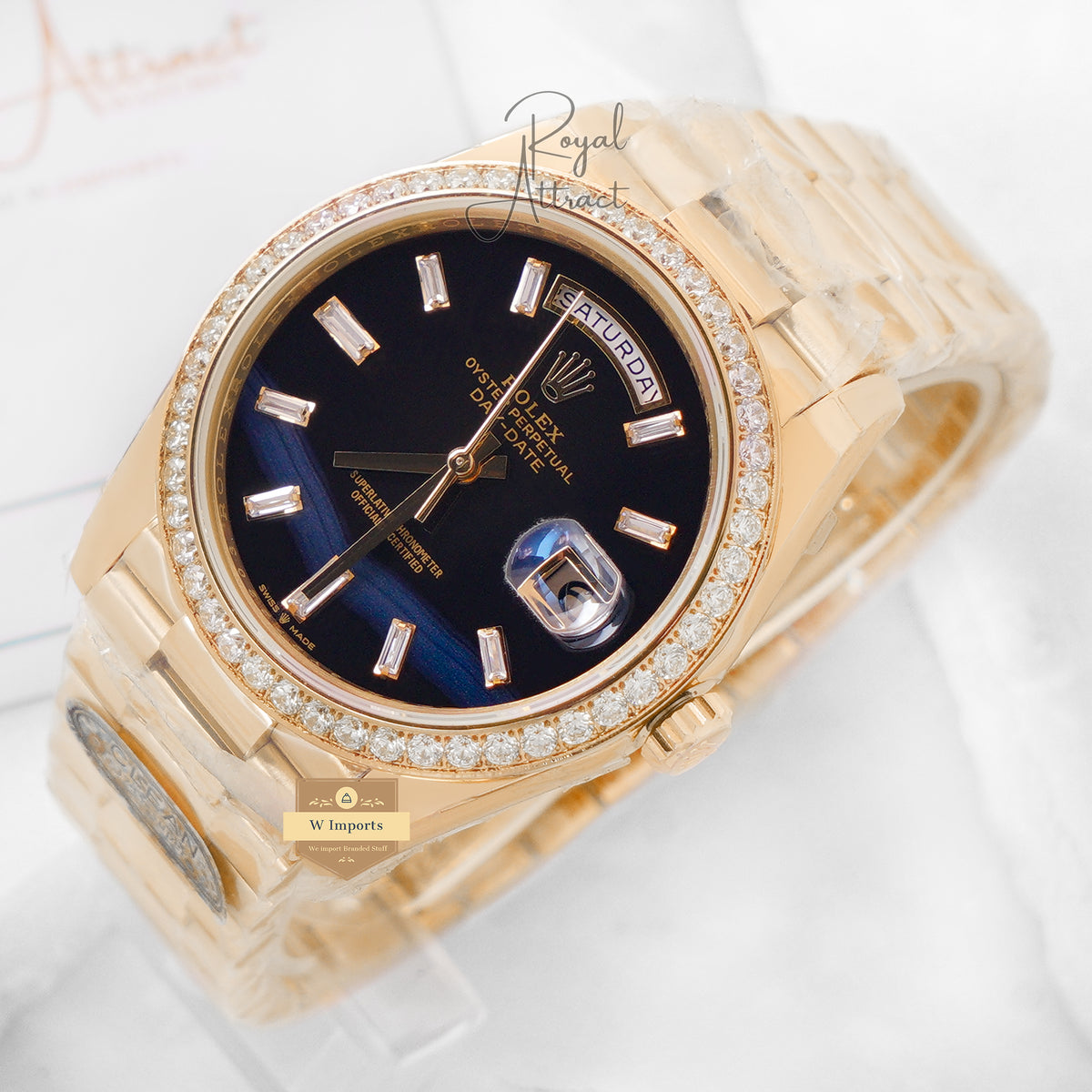 Premium Collection 40 Yellow Gold With Black Dial & Stone Bezel Automatic Watch Clean Made