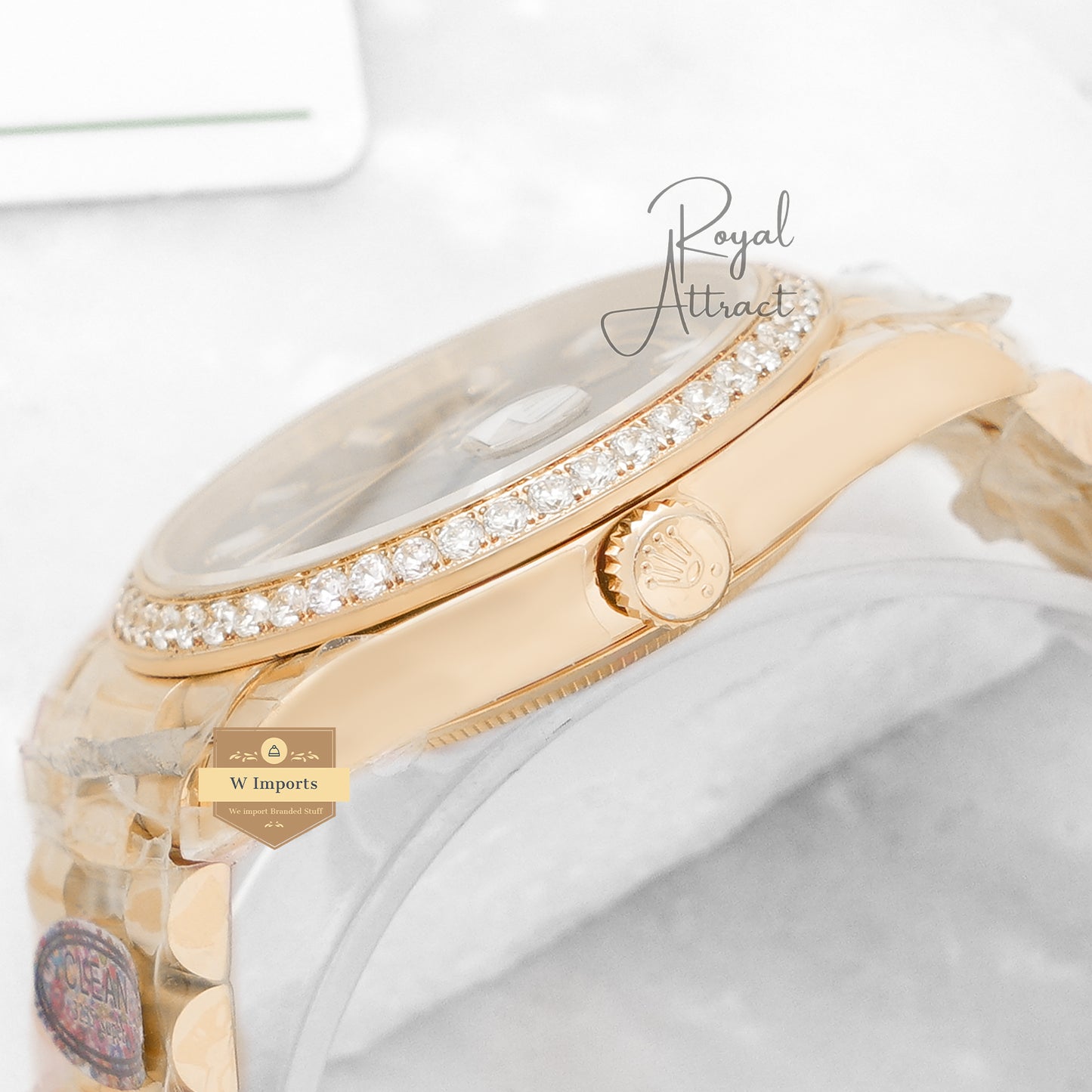 Premium Collection 40 Yellow Gold With Black Dial & Stone Bezel Automatic Watch Clean Made