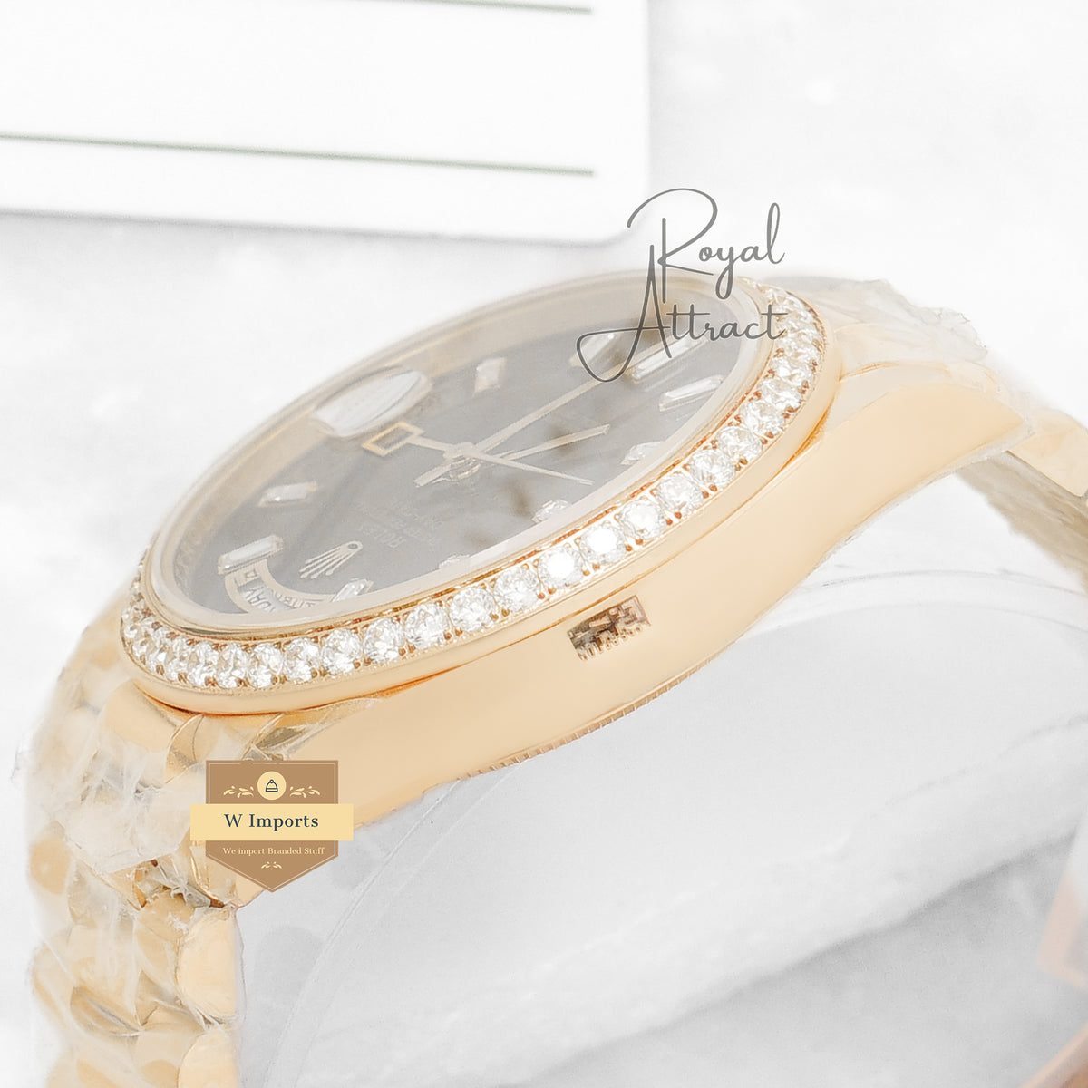 Premium Collection 40 Yellow Gold With Black Dial & Stone Bezel Automatic Watch Clean Made
