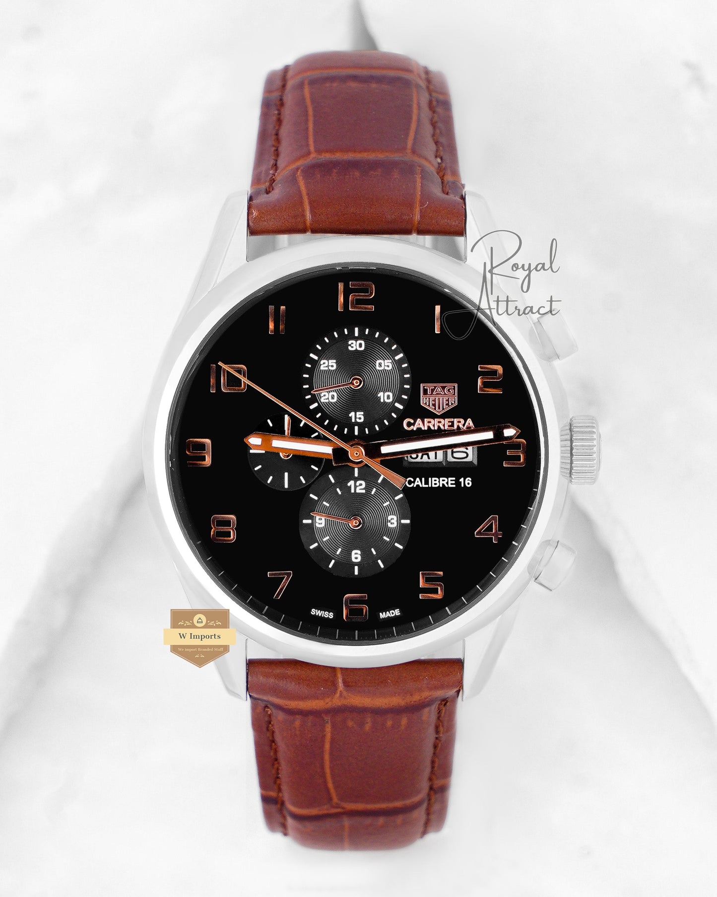 Latest Collection Chronograph Silver Case With Black Dial & Brown Leather Strap