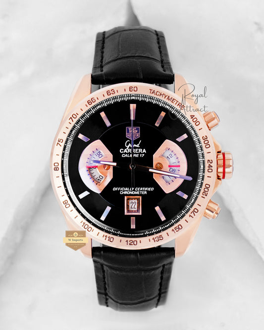 Latest Collection Chronograph Rose Gold Case With Black Dial & Leather Strap