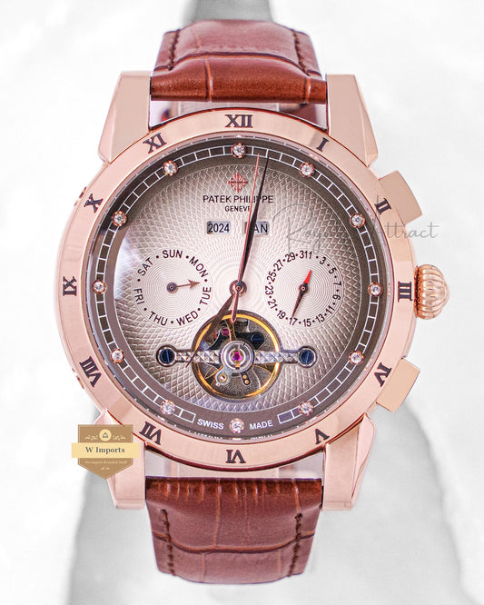 LATEST COLLECTION CHRONOGRAPH ROSE GOLD CASE WITH GRAY DIAL & LEATHER STRAP