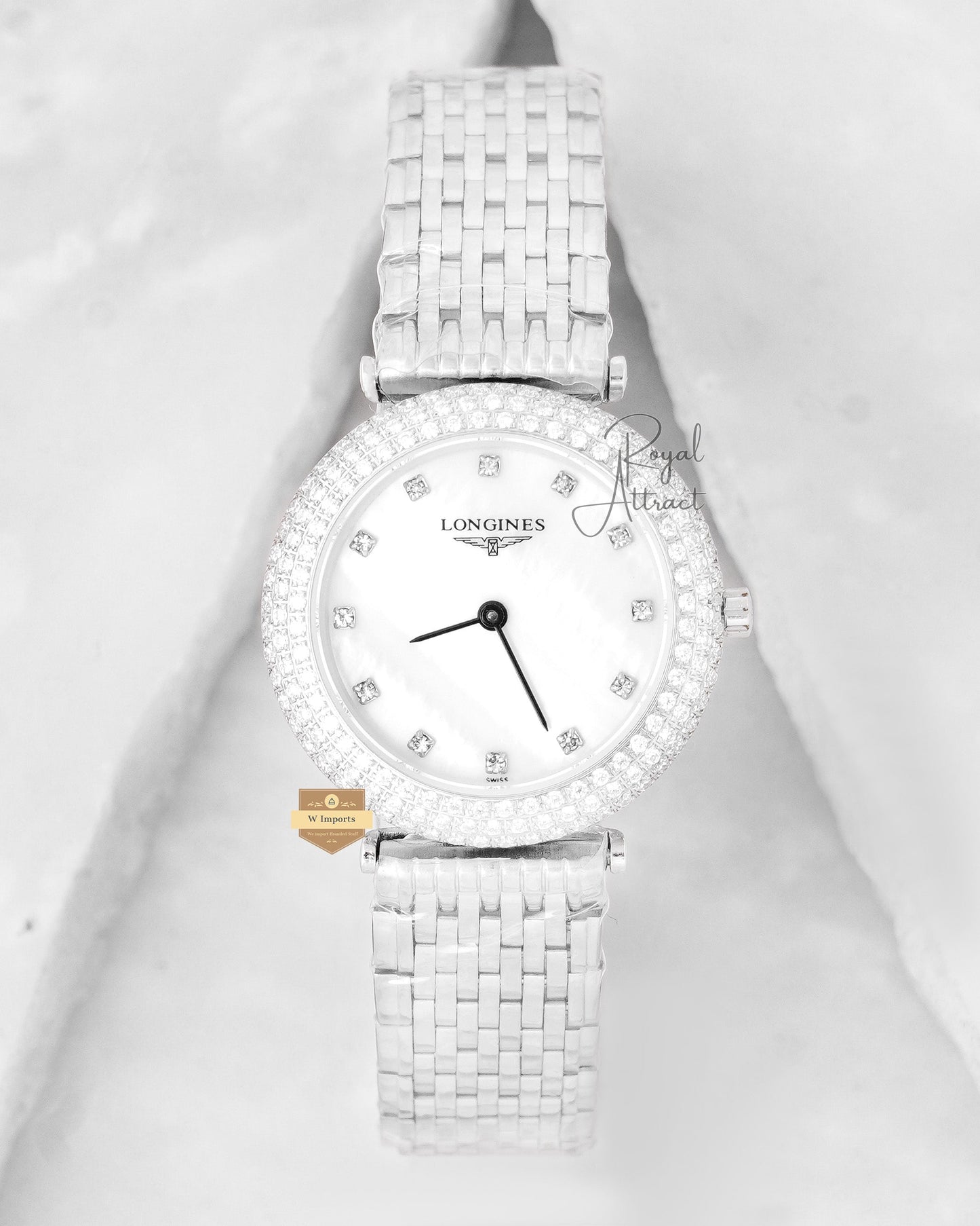 Latest Collection Silver With White Dial Chain Stone Bezel Ladies Watch