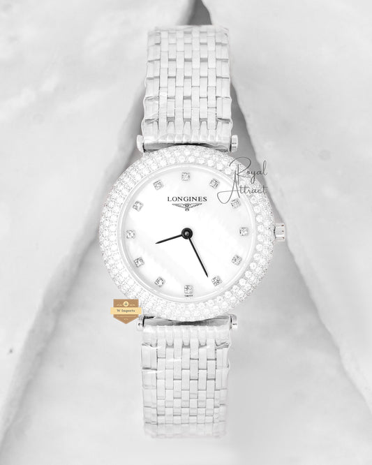Latest Collection Silver With White Dial Chain Stone Bezel Ladies Watch