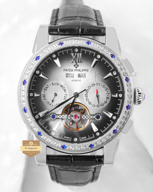 LATEST COLLECTION CHRONOGRAPH SILVER CASE WITH GRAY DIAL & LEATHER STRAP