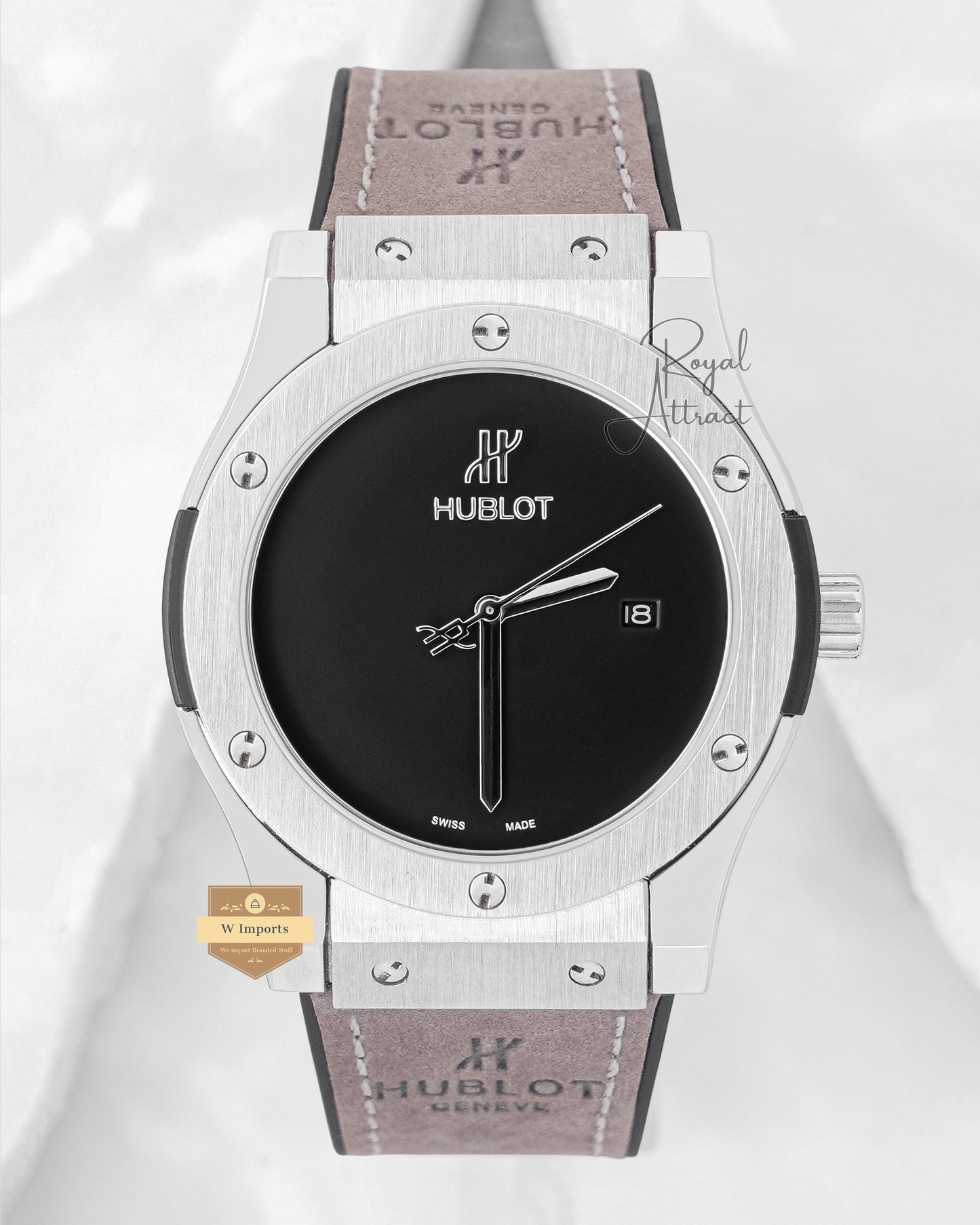 Latest Collection Silver Case With Black Dial & Gray Velvet Strap Automatic Watch