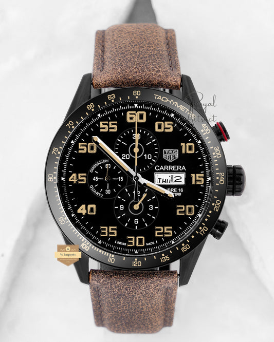 Latest Collection Chronograph Black Matte Case With Dial & Brown Leather Strap