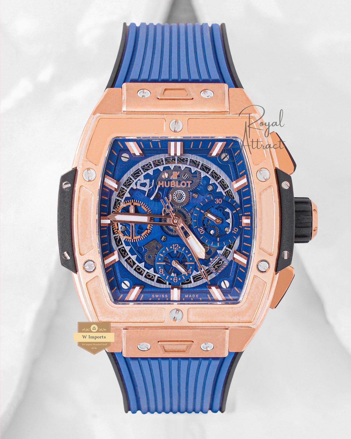 Premium Collection Chronograph Rose Gold Case With Blue Dial And Strap Automatic Watch