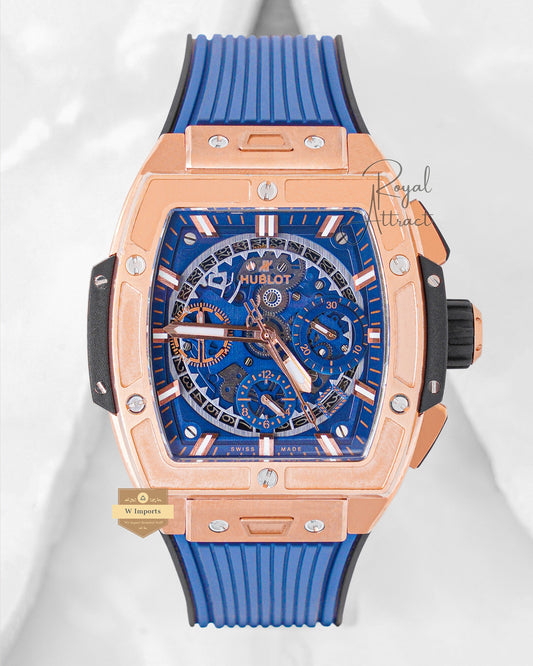 Premium Collection Chronograph Rose Gold Case With Blue Dial And Strap Automatic Watch