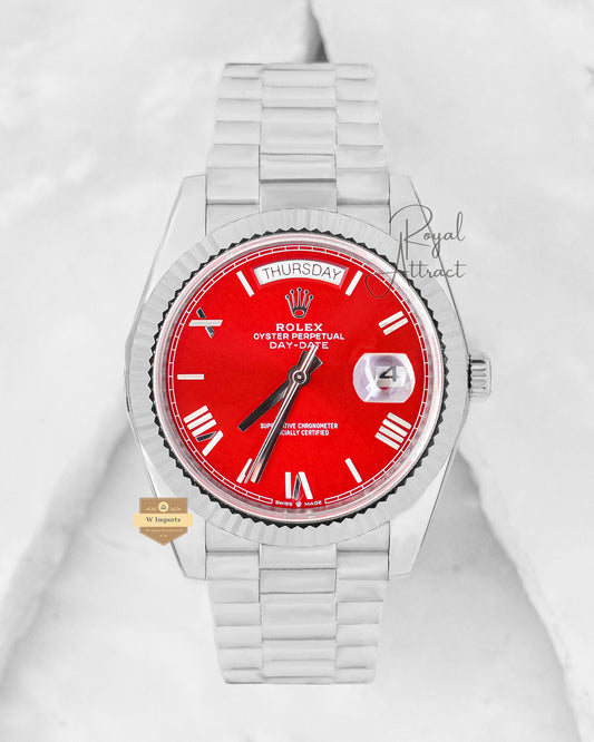 Latest Collection 40 Silver With Red Dial Fluted Bezel Automatic Watch BP Made