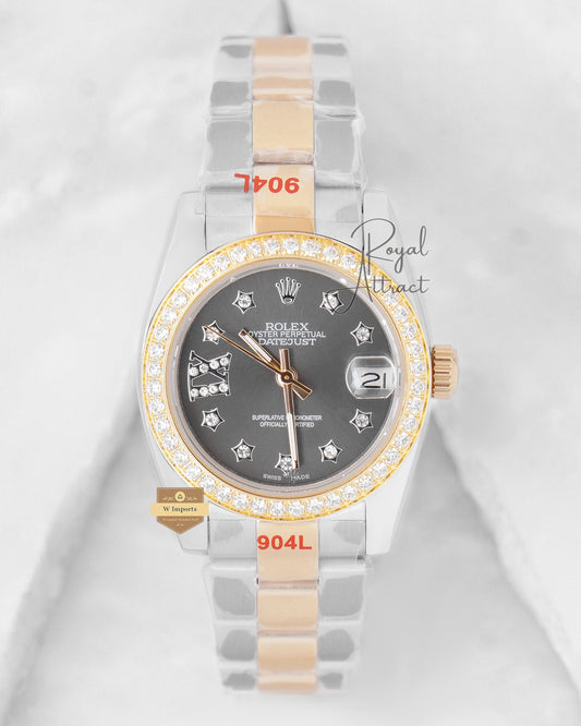 Latest Ladies Collection 31 Two Tone Yellow Gold With Gray Dial Stone Bezel Automatic Watch Zr Factory