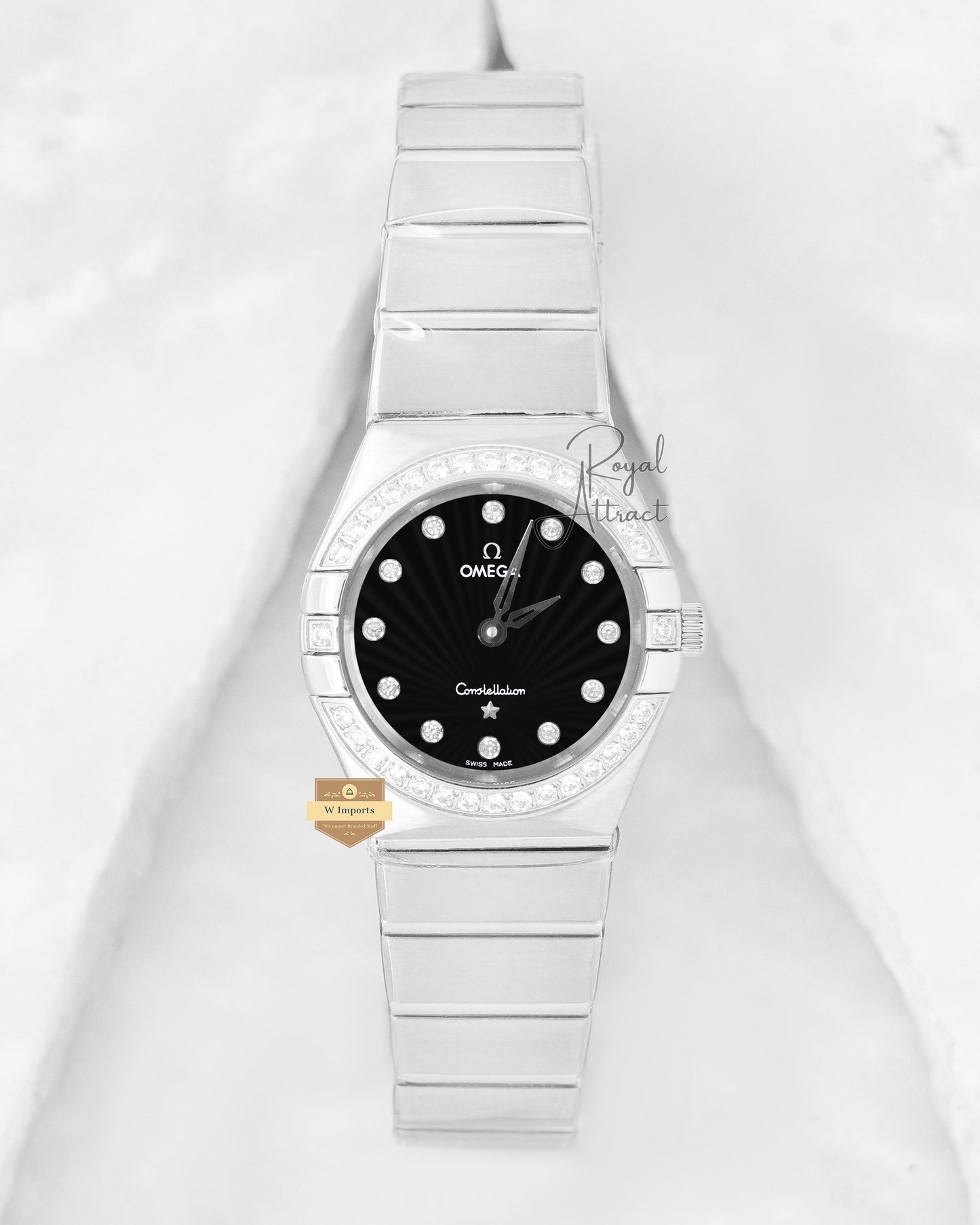 Latest Collection Silver With Black Dial Stone Figure Ladies Automatic Watch