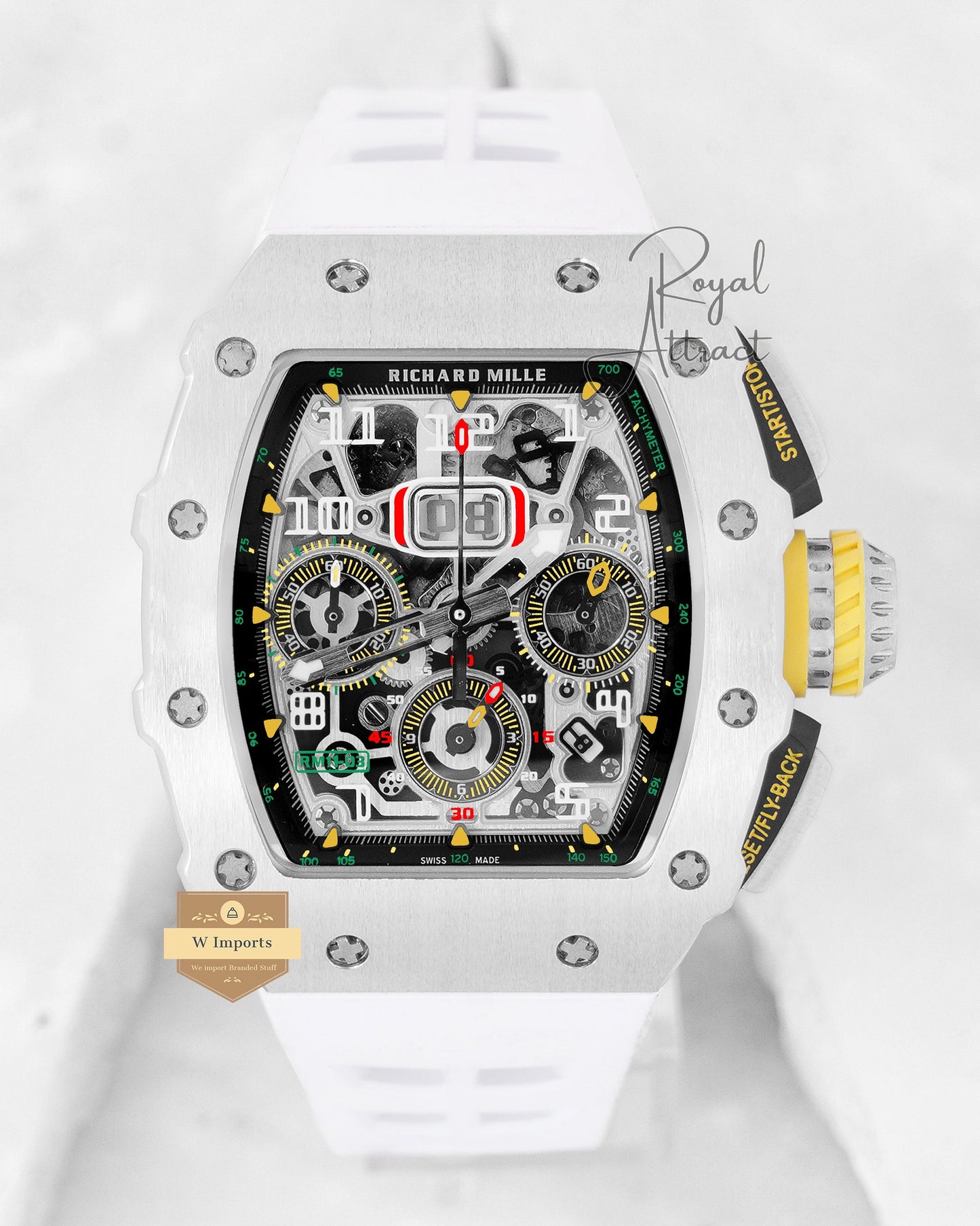 Latest Collection Chronograph Silver Case Skeleton Dial With White Rubber Strap