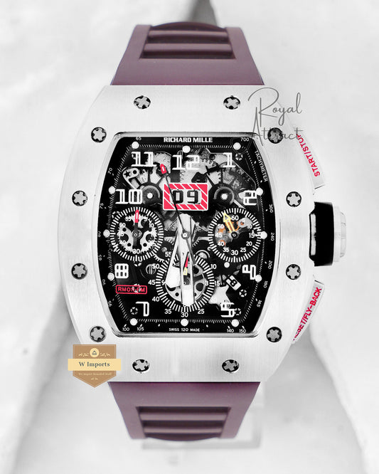 Latest Collection Chronograph Silver Case Skeleton Dial With Black Rubber Strap