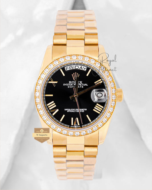 Latest Collection 36 Yellow Gold With Black Dial Stone Bezel Automatic Watch V3 Factory