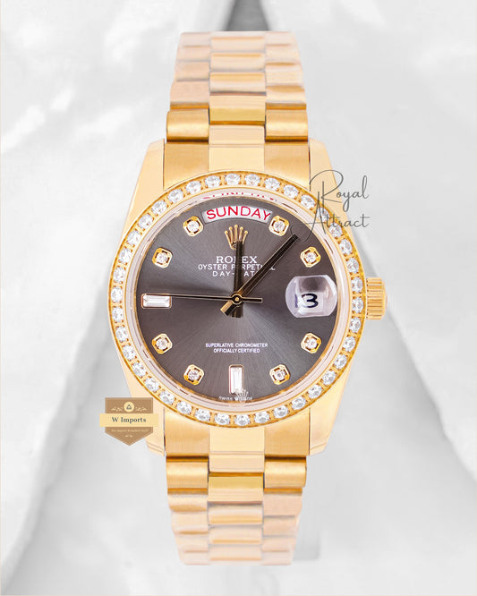 Latest Collection 36 Yellow Gold With Gray Dial Stone Bezel Automatic Watch V3 Factory