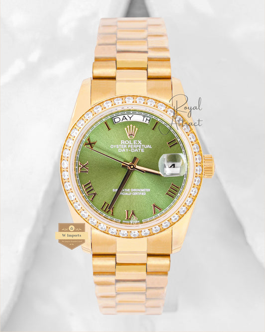 Latest Collection 36 Yellow Gold With Green Dial Stone Bezel Automatic Watch V3 Factory