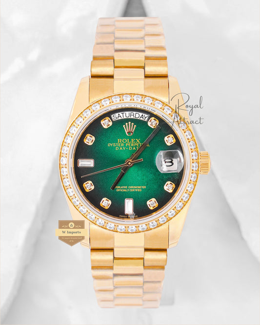 Latest Collection 36 Yellow Gold With Green Dial Stone Bezel Automatic Watch V3 Factory