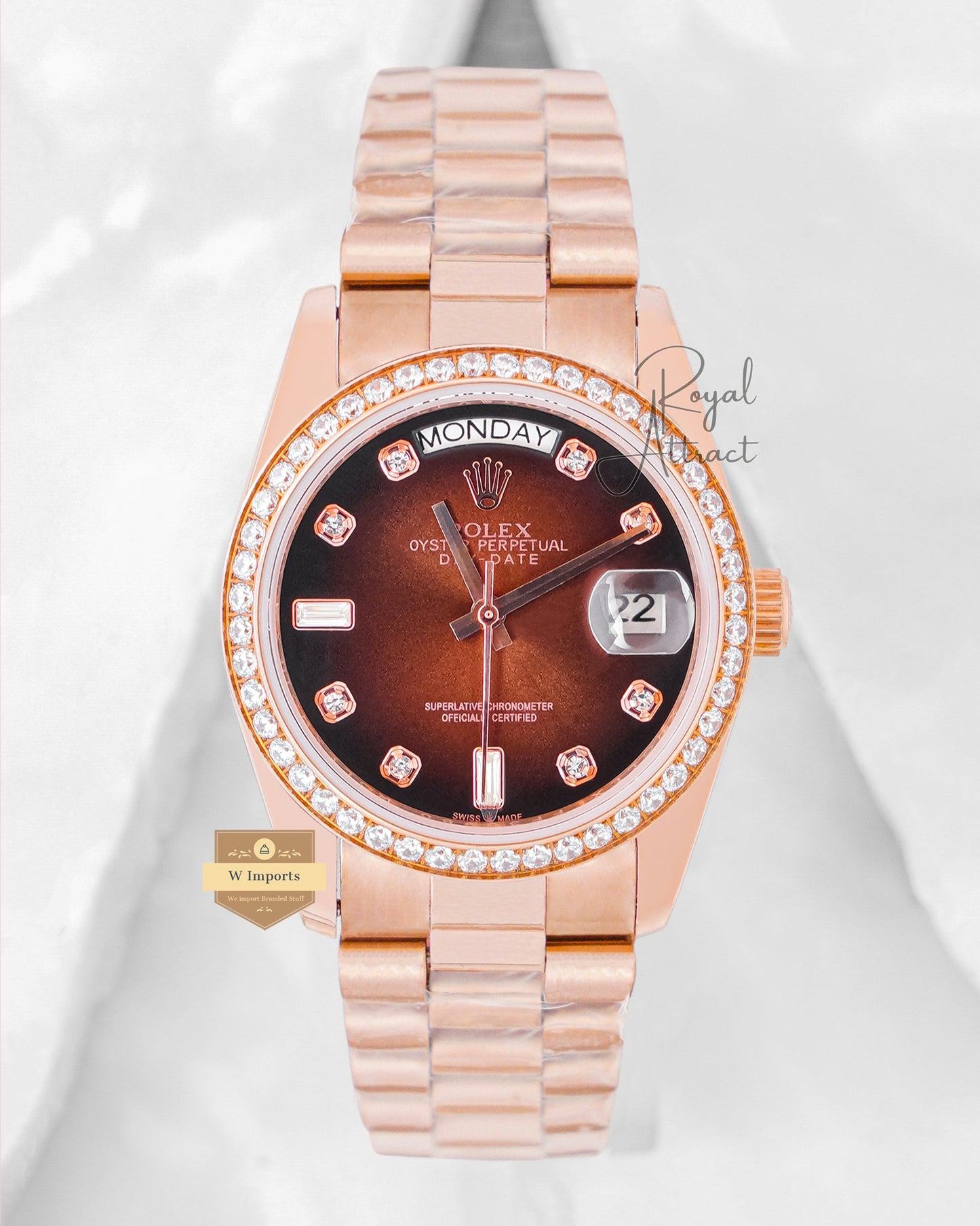 Latest Collection 36 Rose Gold With Brown Dial Stone Bezel Automatic Watch V3 Factory