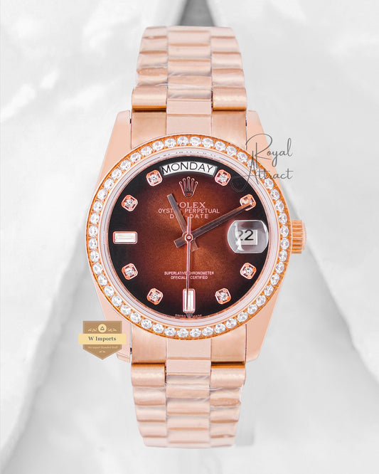 Latest Collection 36 Rose Gold With Brown Dial Stone Bezel Automatic Watch V3 Factory