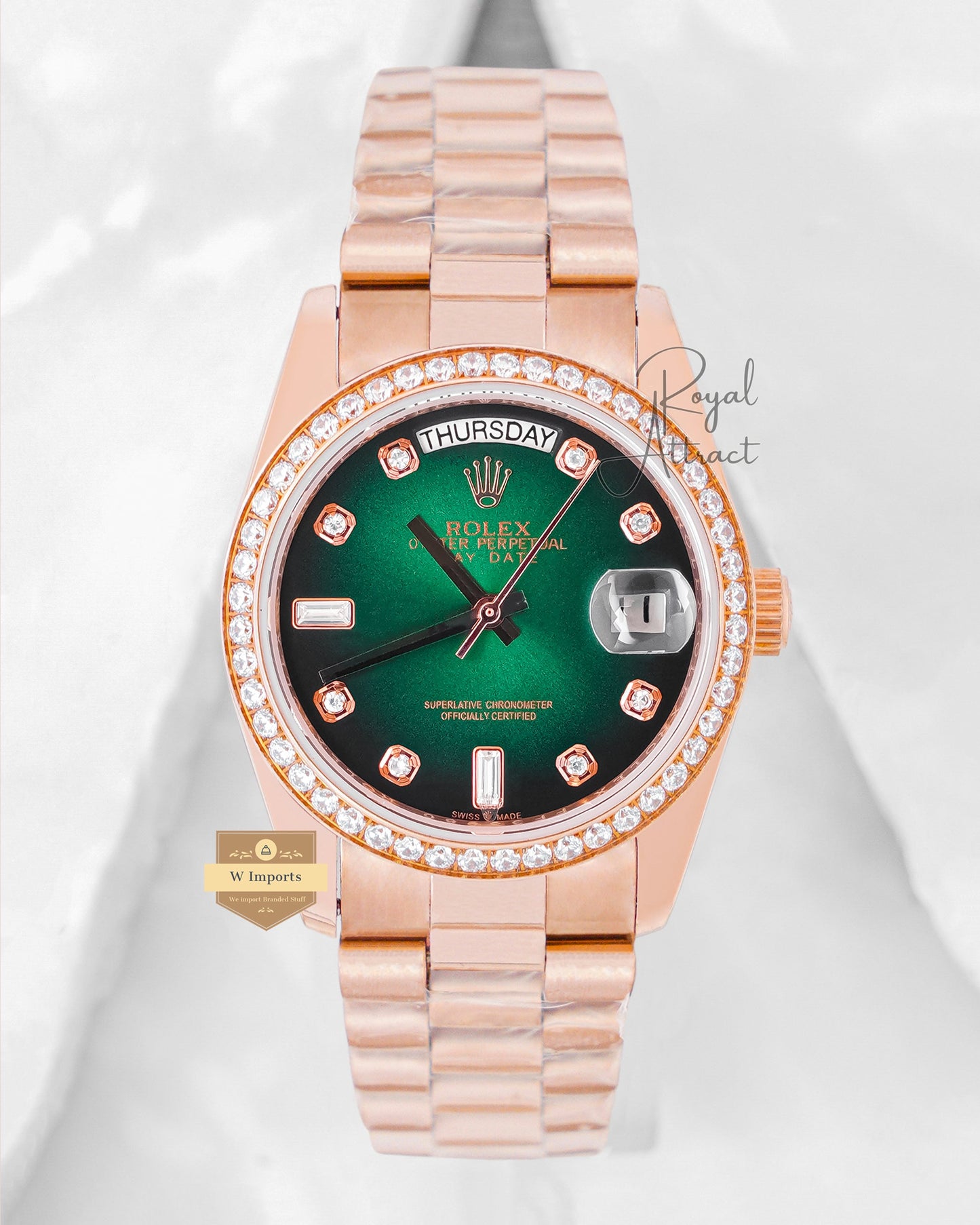 Latest Collection 36 Rose Gold With Green Dial Stone Bezel Automatic Watch V3 Factory