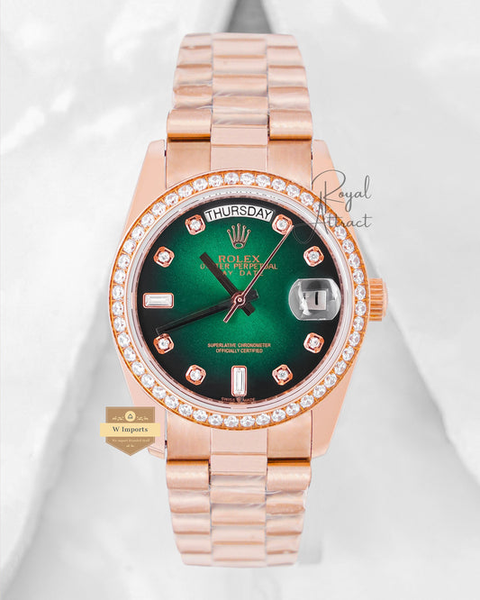 Latest Collection 36 Rose Gold With Green Dial Stone Bezel Automatic Watch V3 Factory