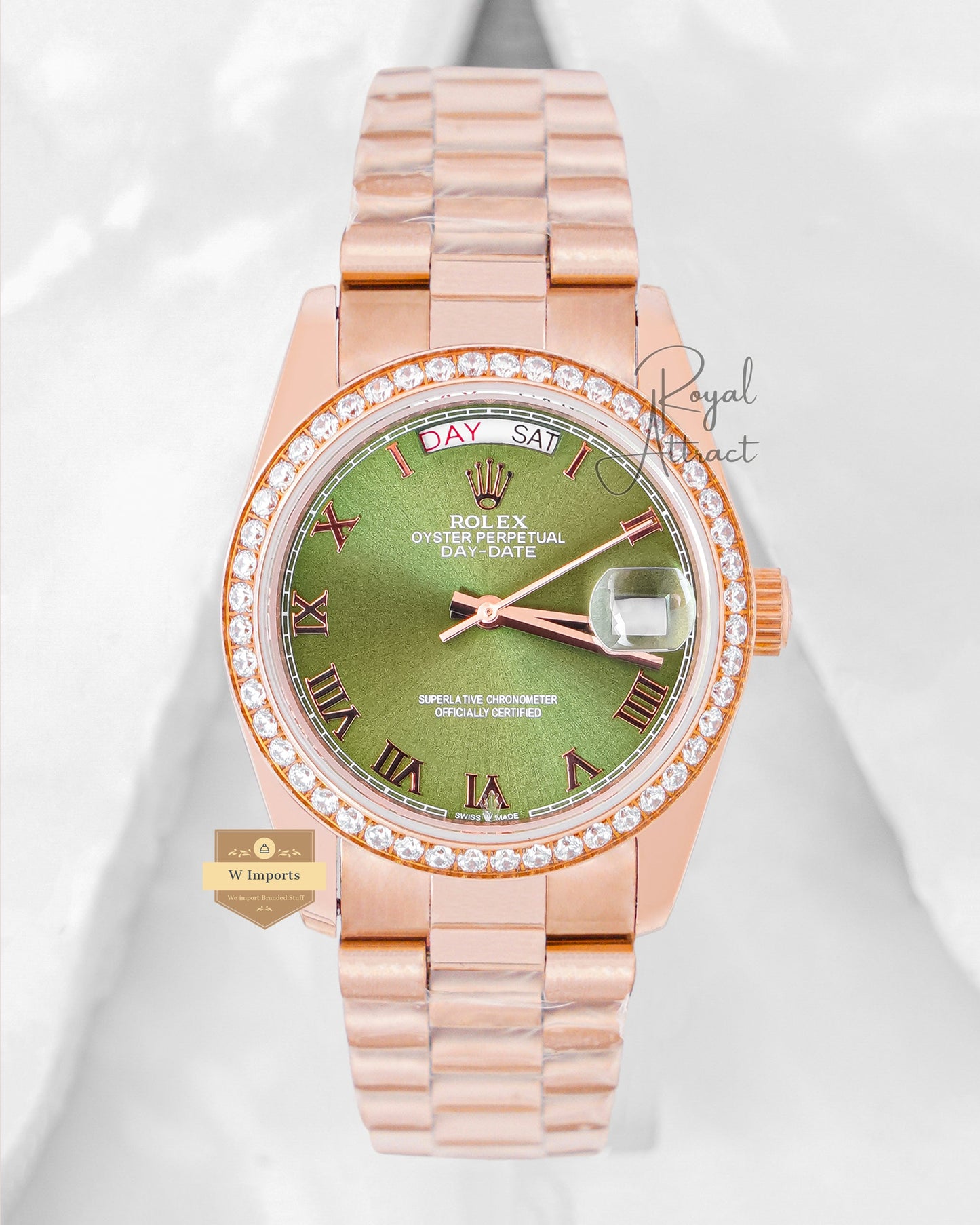 Latest Collection 36 Rose Gold With Green Dial Stone Bezel Automatic Watch V3 Factory