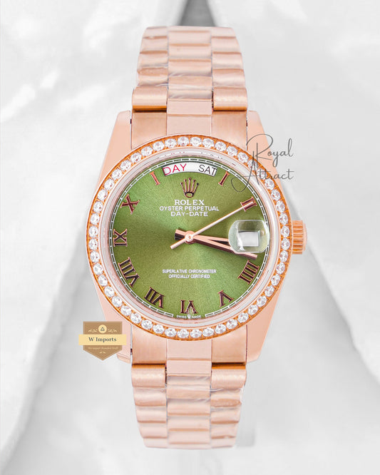 Latest Collection 36 Rose Gold With Green Dial Stone Bezel Automatic Watch V3 Factory