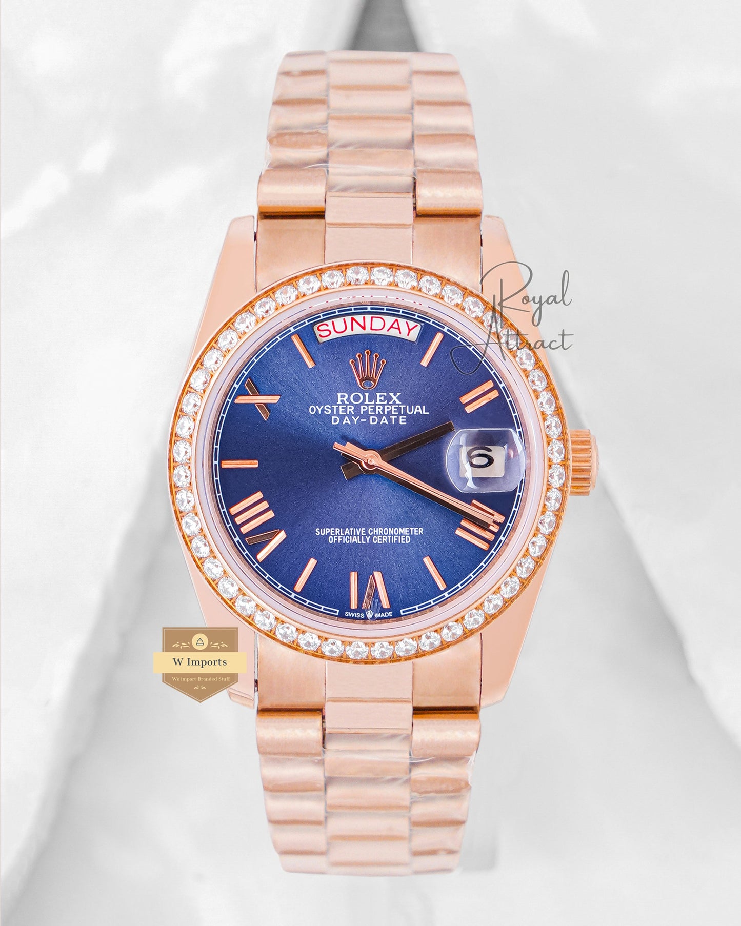 Latest Collection 36 Rose Gold With Blue Dial Stone Bezel Automatic Watch V3 Factory