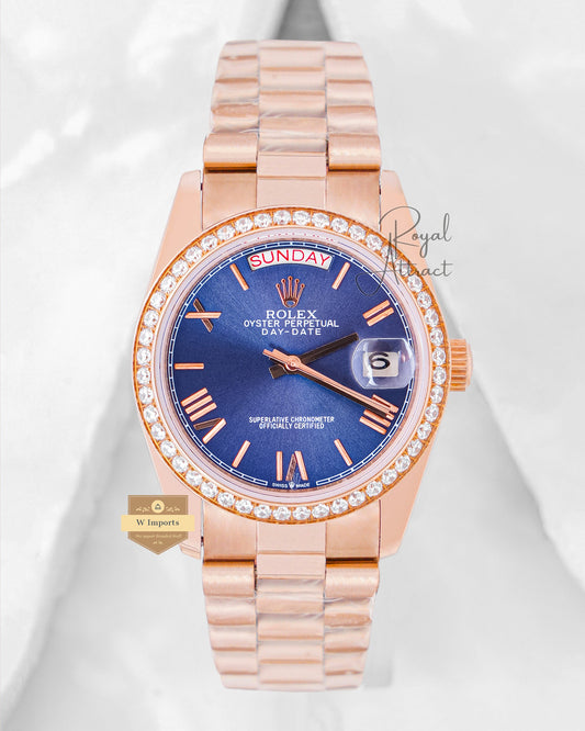 Latest Collection 36 Rose Gold With Blue Dial Stone Bezel Automatic Watch V3 Factory