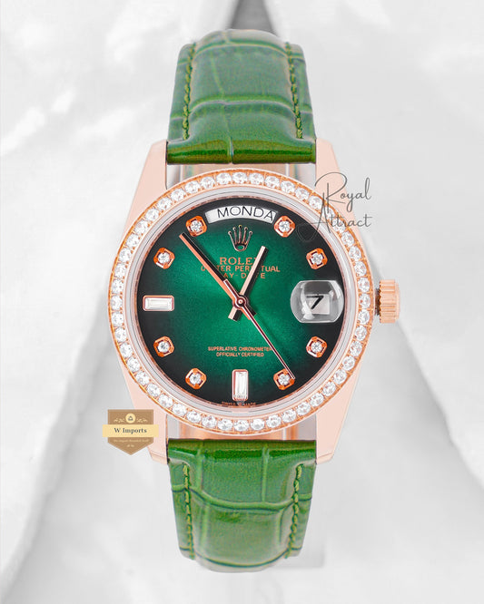 Latest Collection 36 Rose Gold Case With Green Dial & Leather Strap Automatic Watch V3 Factory