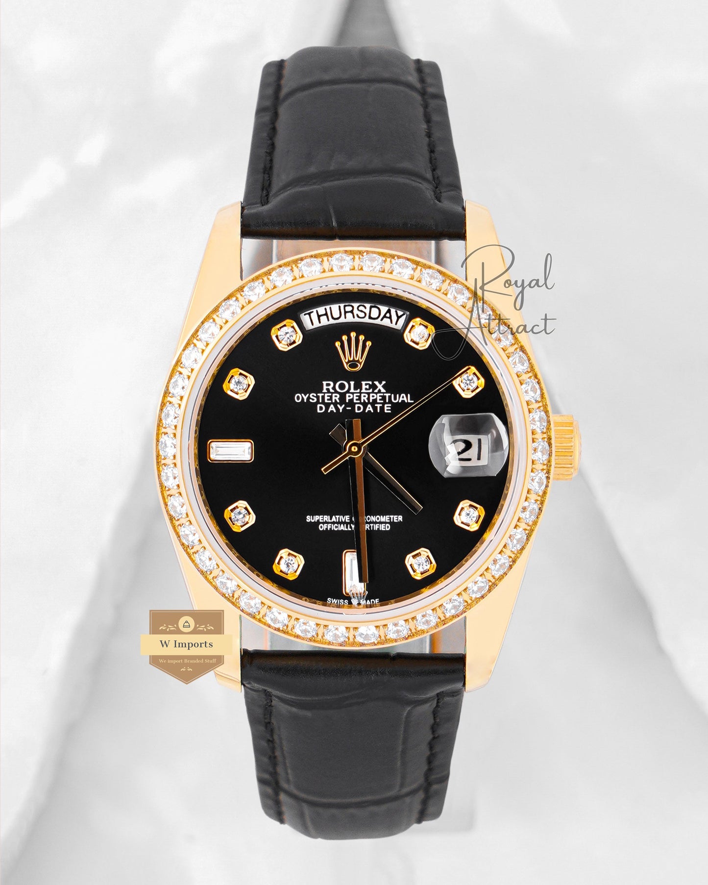 Latest Collection 36 Yellow Gold Case With Black Dial & Leather Strap Automatic Watch V3 Factory