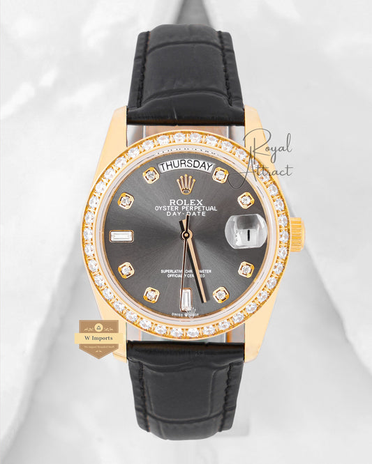 Latest Collection 36 Yellow Gold Case With Gray Dial & Leather Strap Automatic Watch V3 Factory