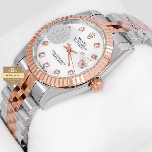 LATEST COLLECTION 36 ROSE GOLD TWO TONE WITH WHITE DIAL & STONE FIGURE ZR FACTORY