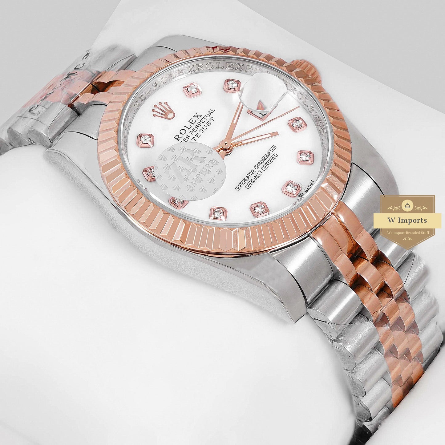 LATEST COLLECTION 36 ROSE GOLD TWO TONE WITH WHITE DIAL & STONE FIGURE ZR FACTORY