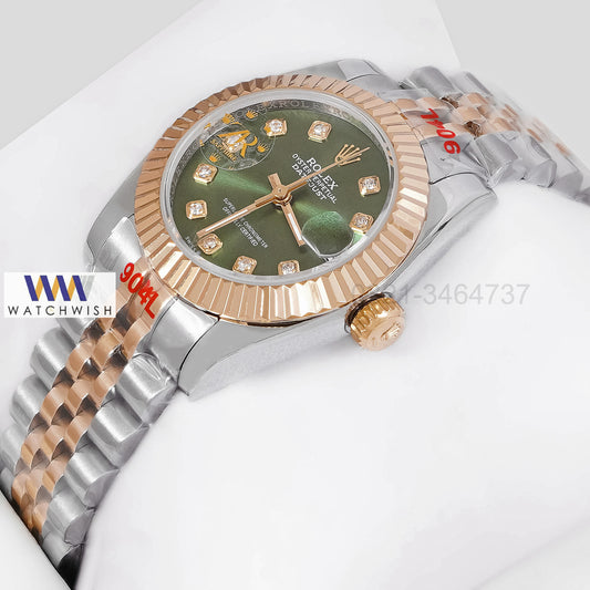 LATEST LADIES COLLECTION 31 TWO TONE YELLOW GOLDEN WITH GREEN DIAL FLUTED BEZEL & STONE INDEX AUTOMATIC WATCH ZR FACTORY