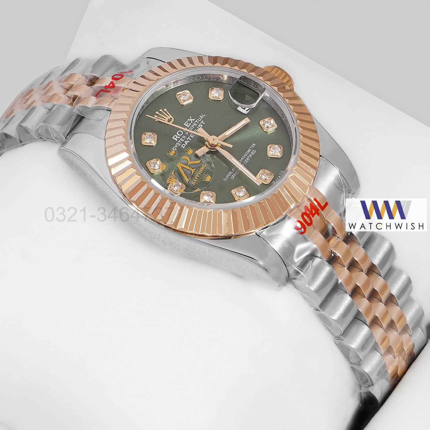 LATEST LADIES COLLECTION 31 TWO TONE YELLOW GOLDEN WITH GREEN DIAL FLUTED BEZEL & STONE INDEX AUTOMATIC WATCH ZR FACTORY