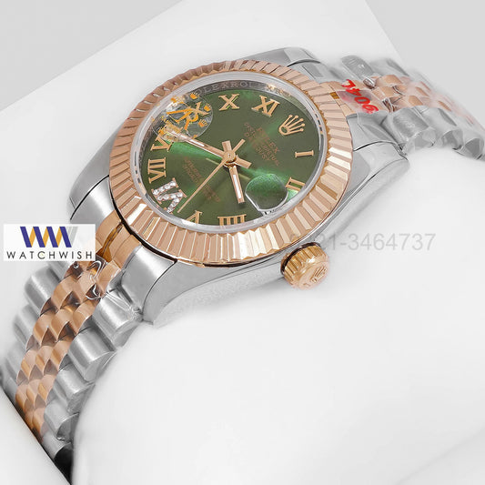 LATEST LADIES COLLECTION 31 TWO TONE YELLOW GOLD WITH GREEN DIAL AUTOMATIC WATCH ZR FACTORY