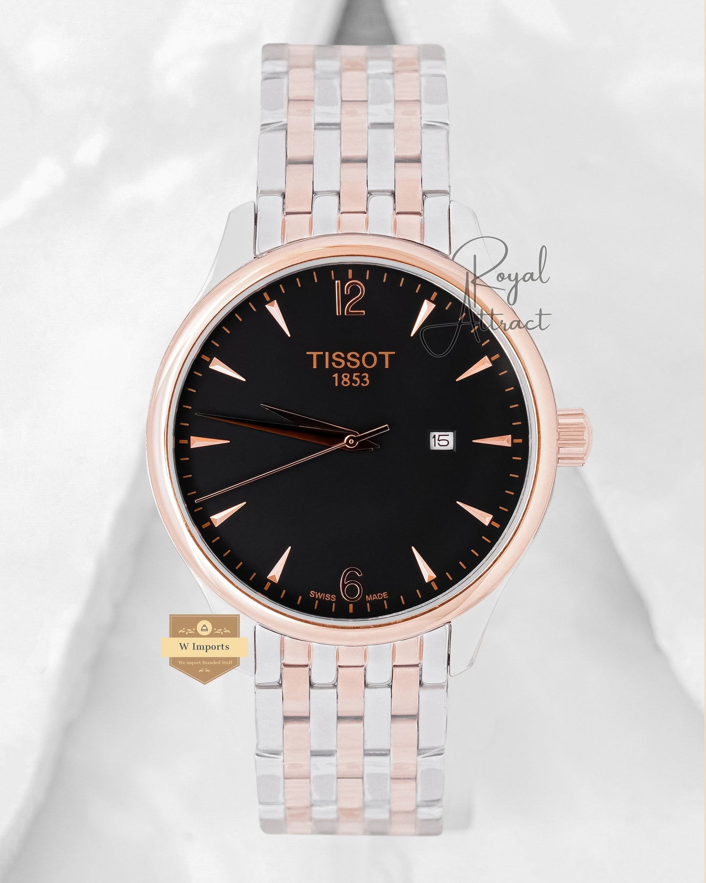 Latest Collection Two Tone Rose Gold With Black Dial Chain Watch