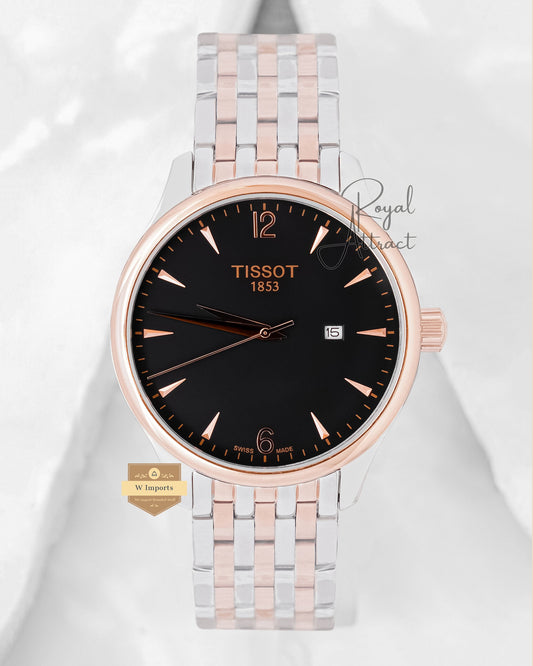 Latest Collection Two Tone Rose Gold With Black Dial Chain Watch