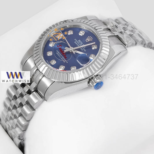 LATEST LADIES COLLECTION 31 SILVER WITH BLUE DIAL FLUTED BEZEL & STONE INDEX AUTOMATIC WATCH ZR FACTORY