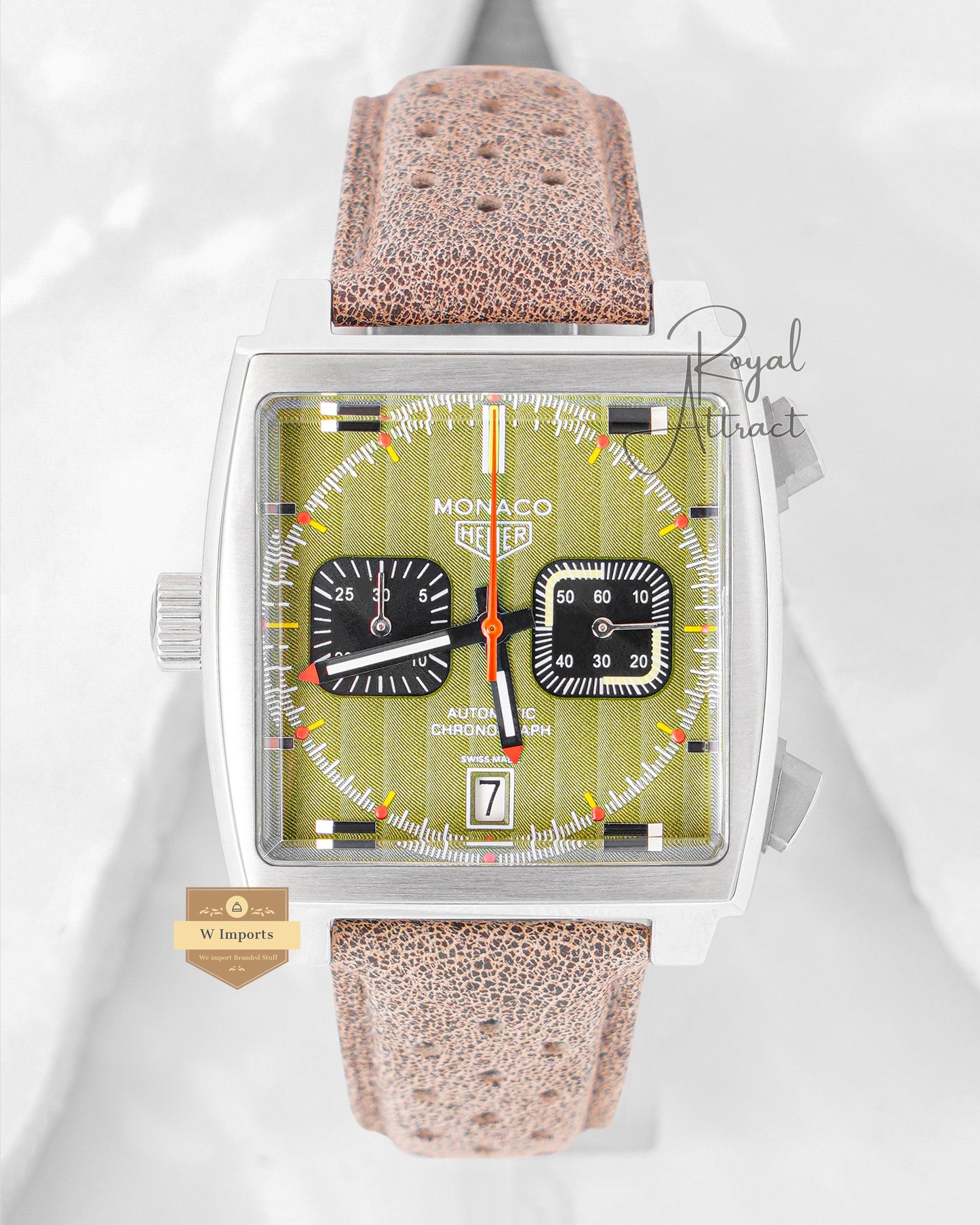 Latest Collection Chronograph Silver Case With Green Dial Leather Strap