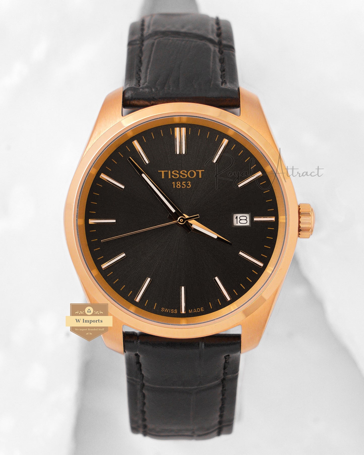 LATEST COLLECTION YELLOW GOLD CASE WITH BLACK DIAL LEATHER STRAP