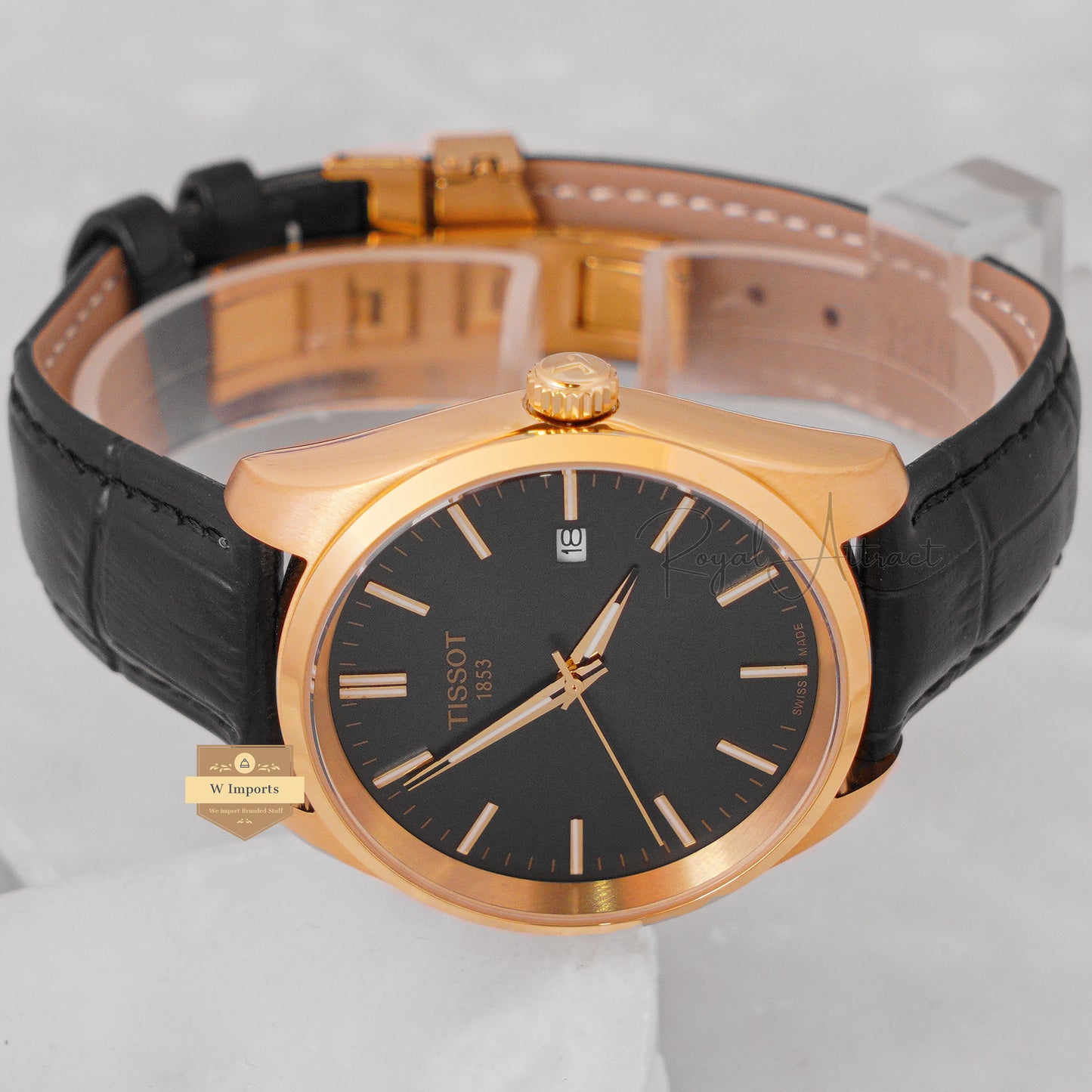 LATEST COLLECTION YELLOW GOLD CASE WITH BLACK DIAL LEATHER STRAP