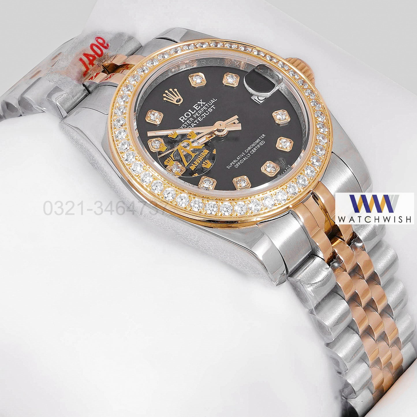 LATEST LADIES COLLECTION 31 TWO TONE YELLOW GOLD WITH BLACK DIAL STONE BEZEL AUTOMATIC WATCH ZR FACTORY