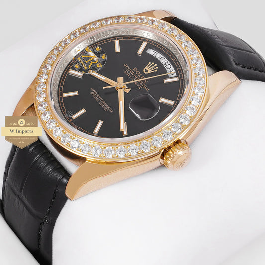 LATEST COLLECTION 40 YELLOW GOLD CASE WITH BLACK DIAL & LEATHER STRAP AUTOMATIC WATCH ZR FACTORY