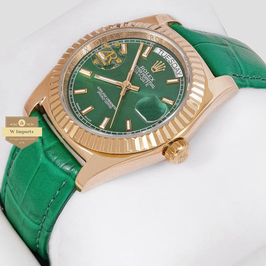 LATEST COLLECTION 36 YELLOW GOLD CASE WITH GREEN DIAL & LEATHER STRAP AUTOMATIC WATCH ZR FACTORY