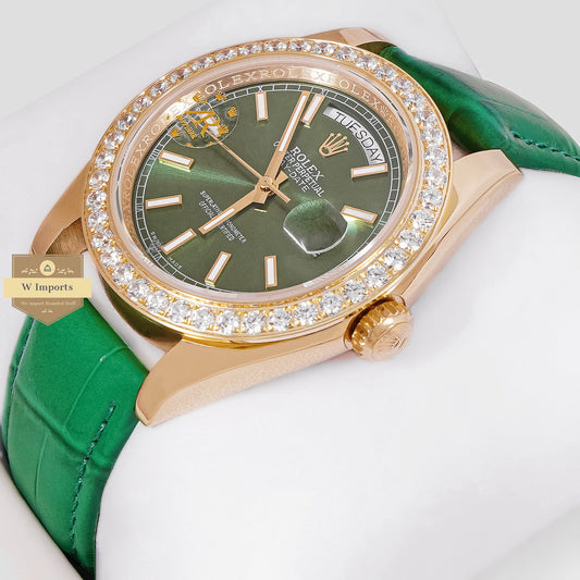 LATEST COLLECTION 40 YELLOW GOLD CASE WITH GREEN DIAL & LEATHER STRAP AUTOMATIC WATCH ZR FACTORY