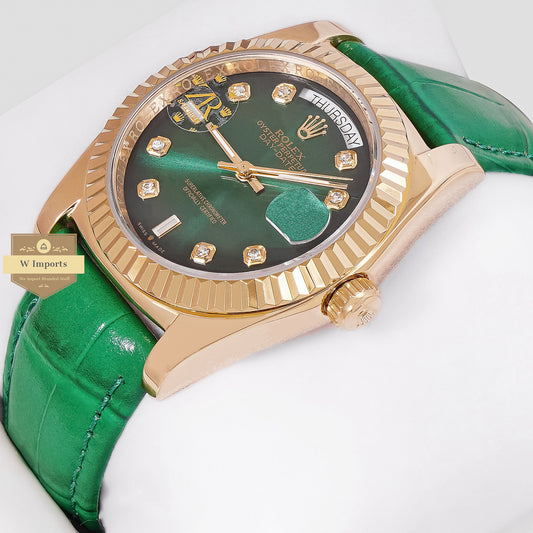 LATEST COLLECTION 36 YELLOW GOLD CASE WITH GREEN DIAL & LEATHER STRAP AUTOMATIC WATCH ZR FACTORY